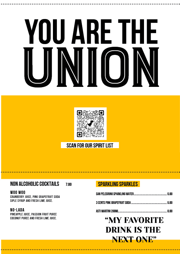 The union bar drinks menu
